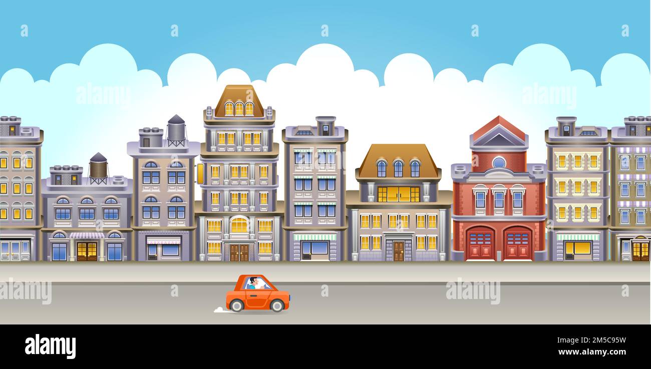 Vue sur la rue et les bâtiments. Illustration vectorielle de la rue principale de petite ville avec des bâtiments, des nuages et une voiture rouge. SPE 10. Illustration de Vecteur