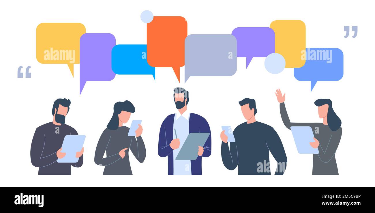 Les hommes d'affaires discutent des réseaux sociaux, des nouvelles, des réseaux sociaux, du chat, des bulles de dialogue. Illustration vectorielle plate Illustration de Vecteur