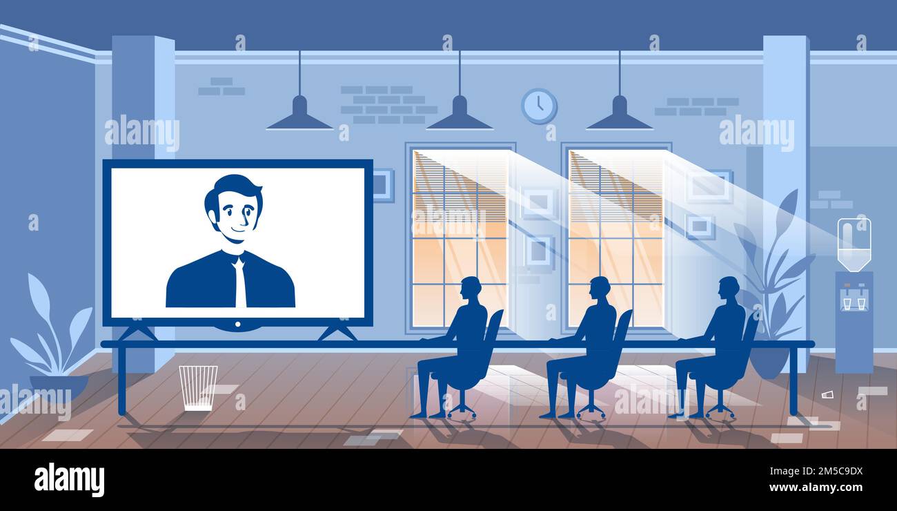 Réunion vidéo dans la salle de réunion du bureau avec le pdg et les employés. Le travail d'équipe d'entreprise et le concept de vecteur de communication numérique en ligne. Visioconférence d'entreprise Illustration de Vecteur
