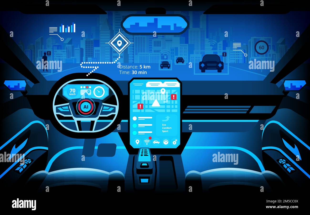 Habitacle automobile, divers moniteurs d'information et écrans de visualisation tête haute. Voiture autonome, voiture sans conducteur, système d'aide au conducteur, ACC(régulateur de vitesse adaptatif C Illustration de Vecteur