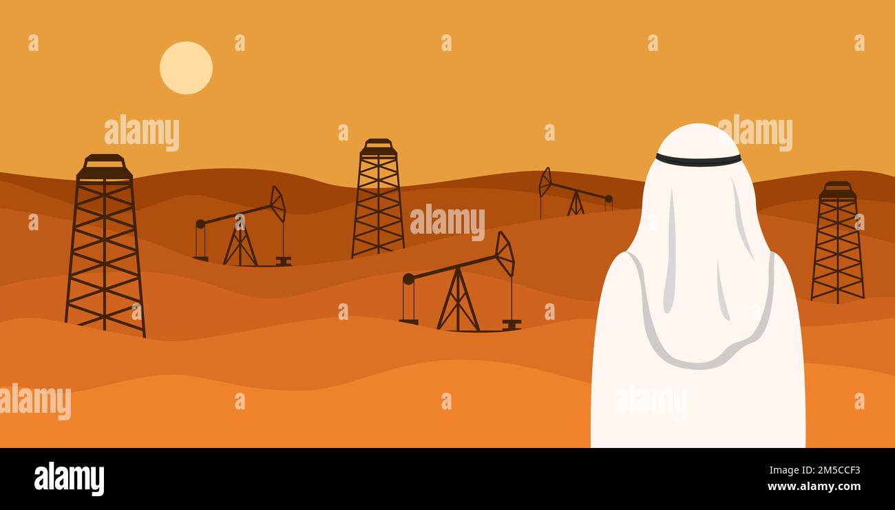 Homme en kandura blanc regardant le champ de pétrole dans le désert. Illustration vectorielle. Illustration de Vecteur