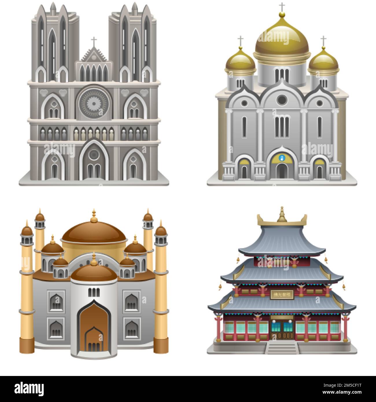 Bâtiments religieux. Lieu de culte. Cathédrale catholique, cathédrale orthodoxe, temple bouddhiste et mosquée. Illustration vectorielle eps 10. Illustration de Vecteur