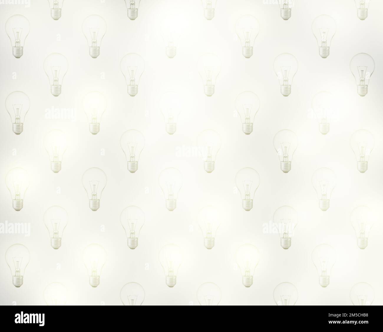 Schéma de nombreuses ampoules, toutes les ampoules sont allumées et lumineuses. Illustration du concept de gaspillage et d'économie d'énergie et d'économie d'énergie. Banque D'Images