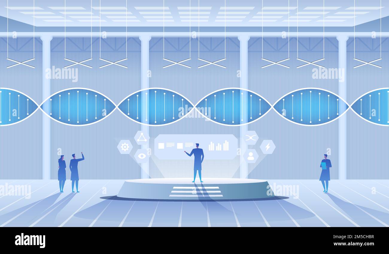 Laboratoire scientifique. Scientifiques homme et femme menant des recherches dans un laboratoire. Molécules d'ADN. Illustration vectorielle Illustration de Vecteur