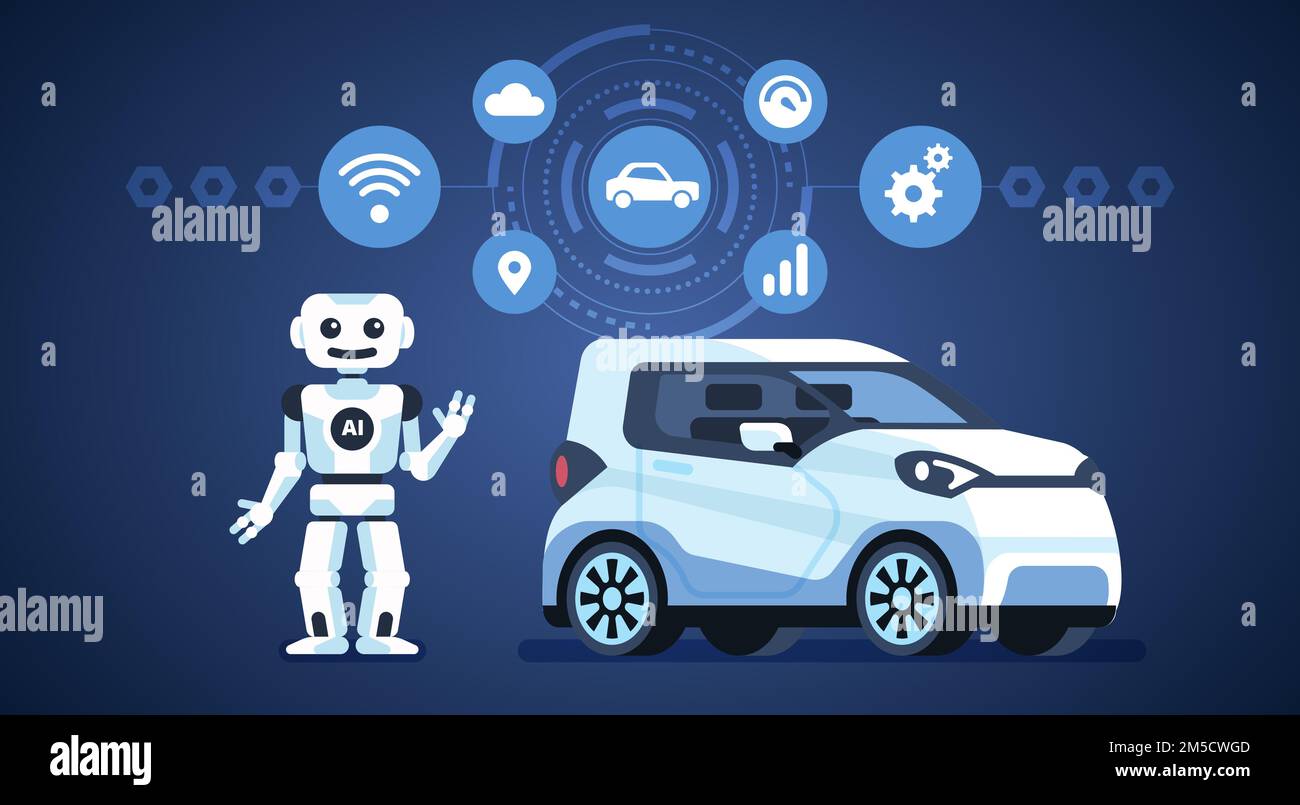 Voiture autonome. Voiture autonome avec robot et icônes. Intelligence ...