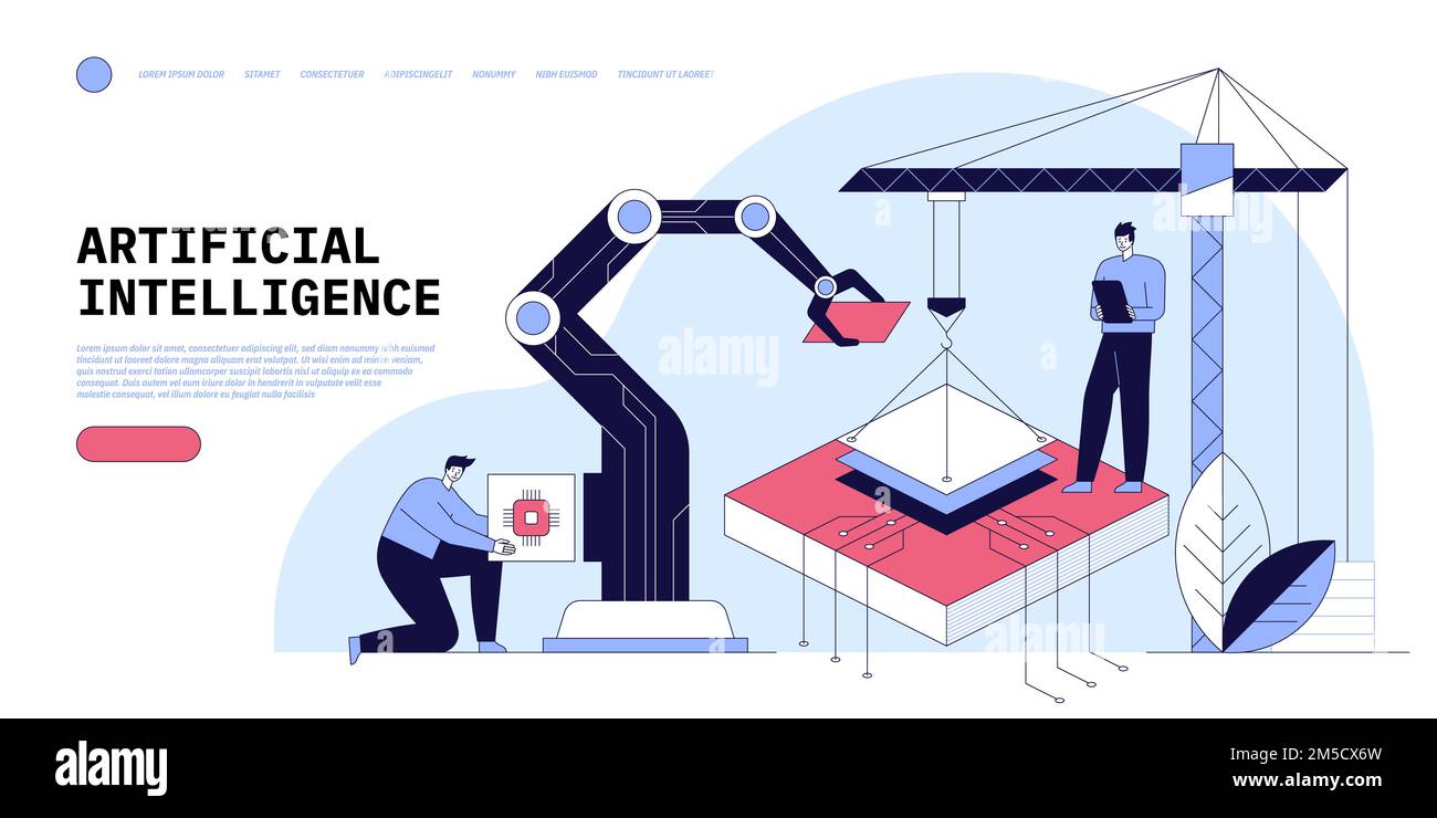 Développement de l'IA. Un groupe de programmeurs crée une intelligence artificielle, un algorithme, un réseau neuronal. Technologie INFORMATIQUE, business et ai concept. Vecteur f Illustration de Vecteur