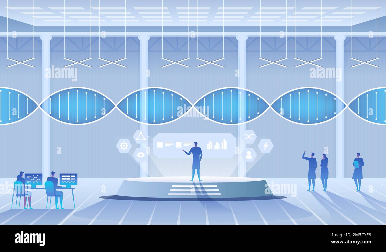 Laboratoire scientifique. Scientifiques homme et femme menant des recherches dans un laboratoire. Molécules d'ADN. Illustration vectorielle Illustration de Vecteur