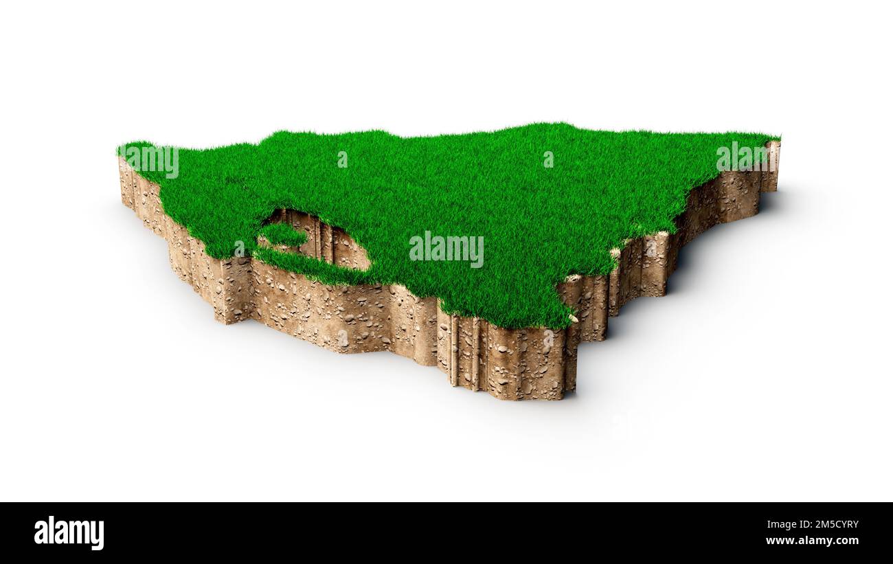 Un rendu en 3D d'une carte du Nicaragua avec une surface d'herbe et de roche isolée sur fond blanc Banque D'Images