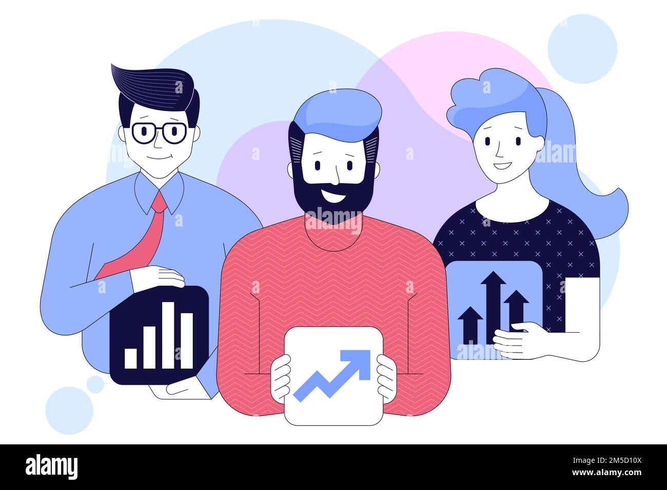 Équipe commerciale de démarrage avec des icônes de projets de croissance et d'investissement. Travail d'équipe réussi. Concept de conception plate pour les professionnels. Illustration vectorielle pour le Web Illustration de Vecteur