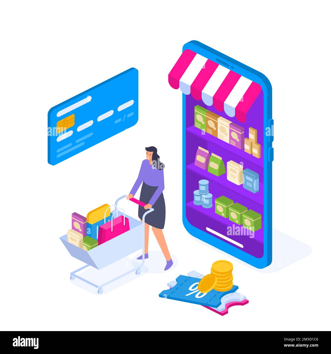 Jeune femme personnage avec panier. Concept isométrique d'achat en ligne. Grandes ventes. Illustration vectorielle plate. Peut être utilisé pour les bannières Web, les infographies, Illustration de Vecteur