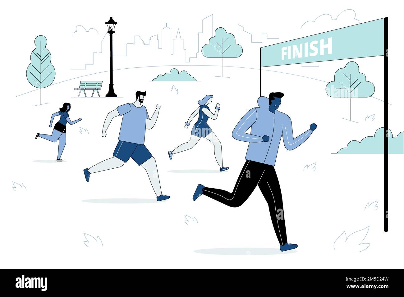 Course au marathon, entraînement ou exercice en plein air, athlétisme. Hommes et femmes vêtus de vêtements de sport pour le jogging ou la course dans le parc. Une vie active saine Illustration de Vecteur