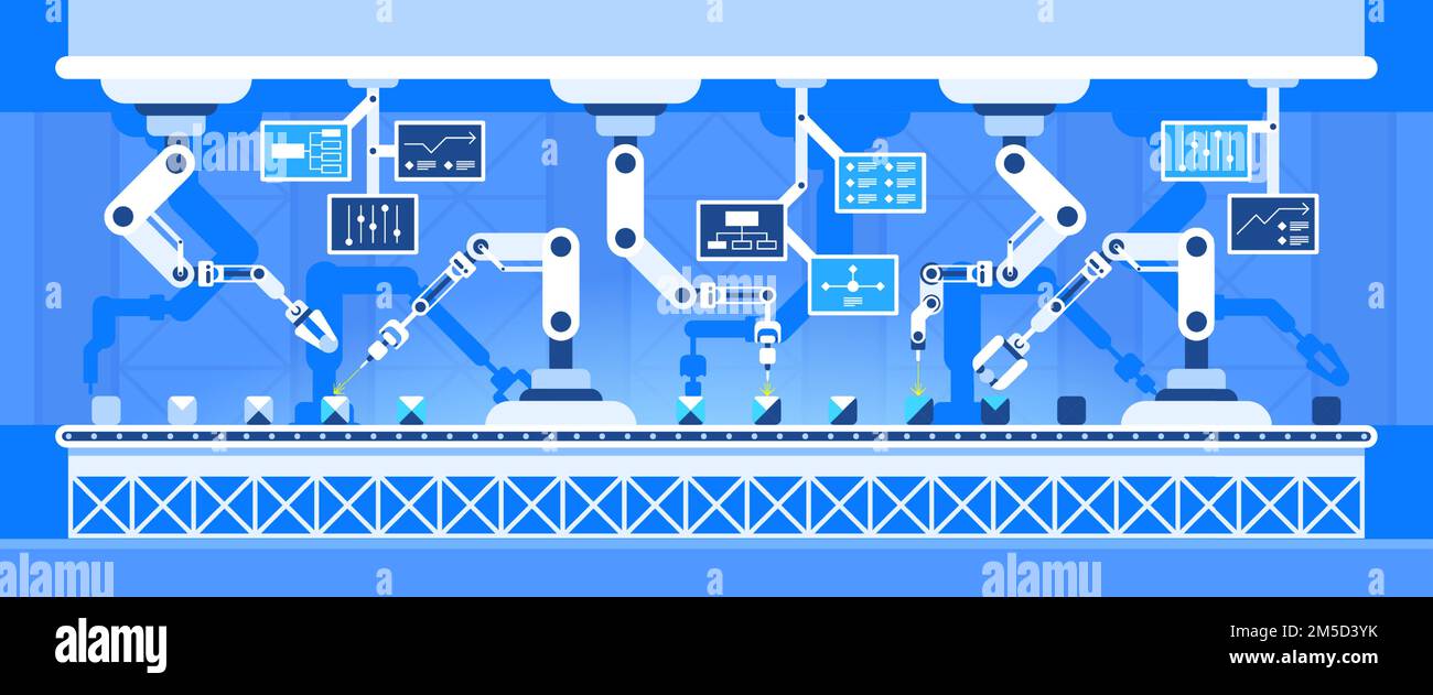 Illustration de la ligne du convoyeur avec les bras du robot plats. Automatisation de la production, concept de révolution industrielle moderne. Technologie de processus d'assemblage intelligent. Futur Illustration de Vecteur