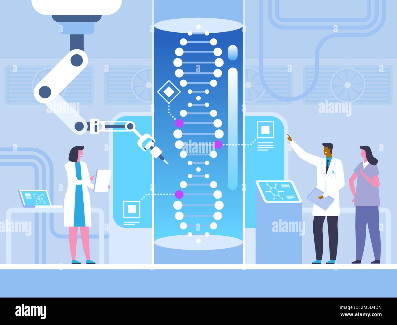 Illustration du vecteur plat de modification génétique. Médecins, scientifiques avec des personnages de dessin animé assistant. Médecine futuriste, biotechnologie, génétique enginee Illustration de Vecteur