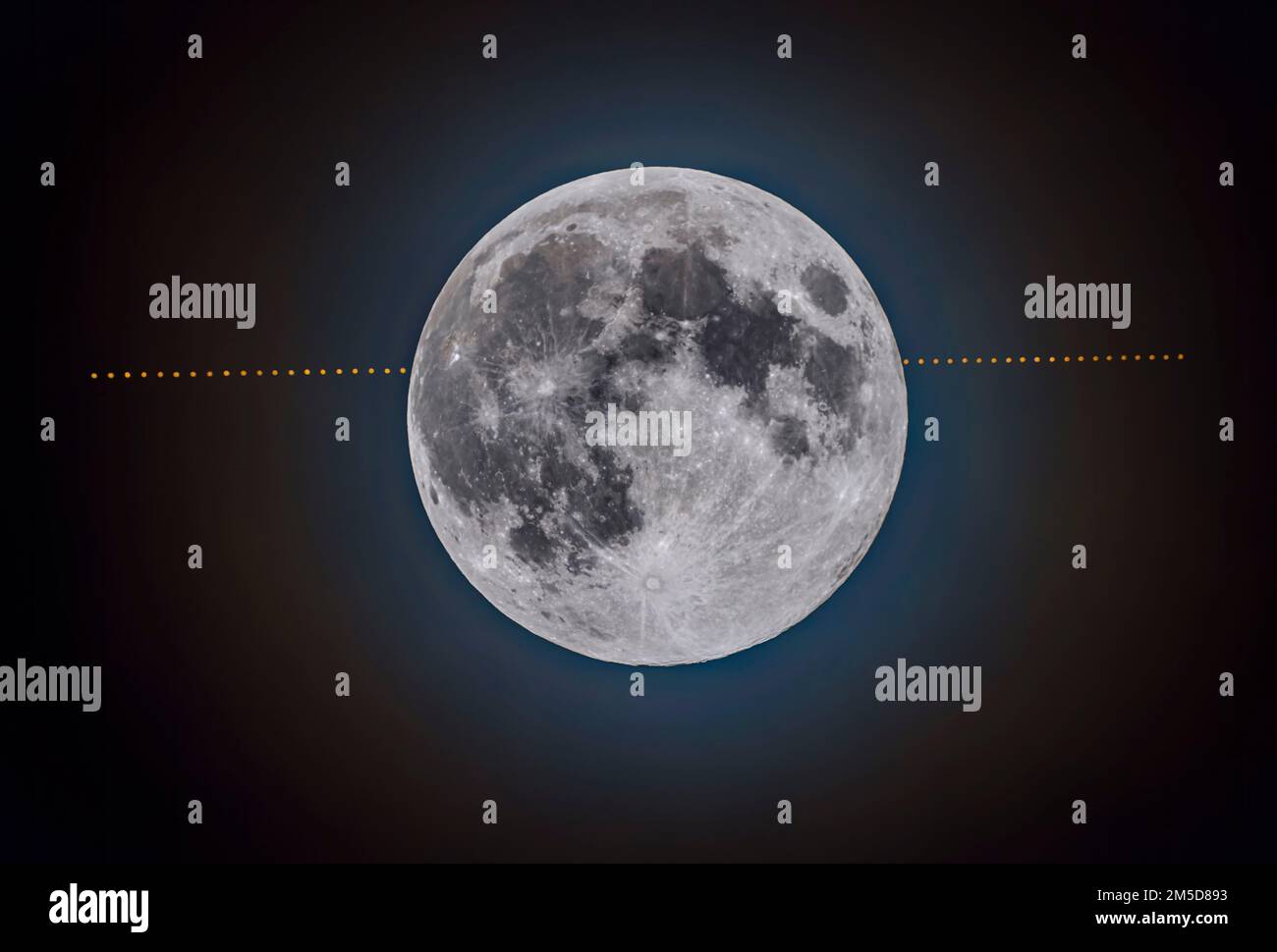 C'est l'occultation de Mars par la pleine Lune sur 7 décembre 2022, dans un composite montrant le mouvement de Mars par rapport à la Lune. La motion ici Banque D'Images