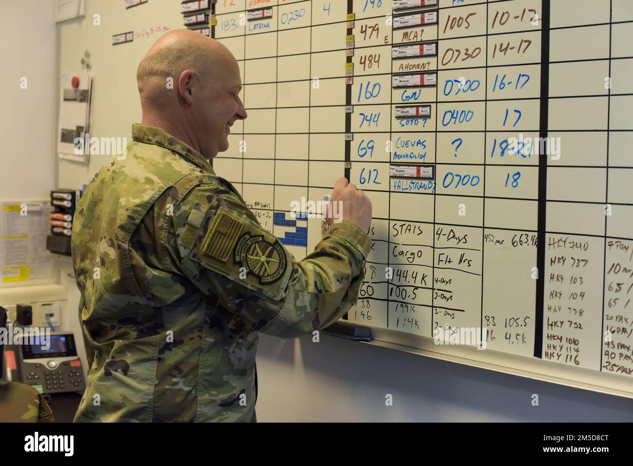 ÉTATS-UNIS Le Sgt Brandan Wilson, chef de programme de l'équipage de conduite de l'escadron de maintenance 86th aéronefs, gère l'horaire de 86 membres du personnel de la Force aérienne pour l'entretien d'un aéronef à la base aérienne de Ramstein, en Allemagne, au 3 mars 2022. Wilson, qui a récemment reçu le titre de aviateur de la semaine, supervise, gère et planifie 21 aviateurs à l'appui de missions d'opérations d'urgence. Banque D'Images