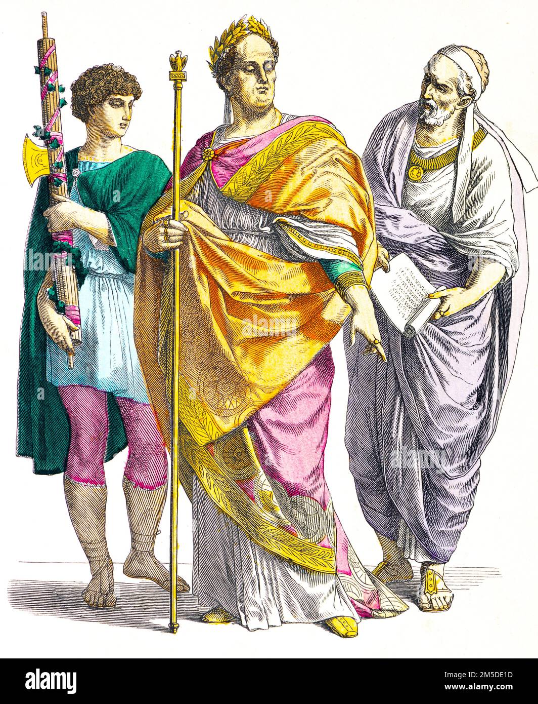 Costumes historiques de trois Romains, illustration historique colorée, Münchener Bilderbogen, München 1890 Banque D'Images