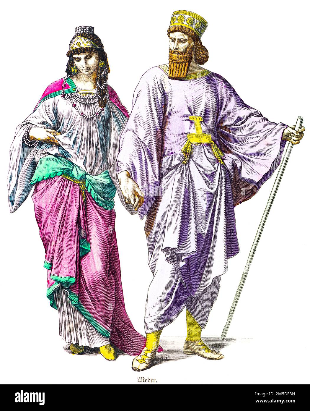Costumes historiques du couple ta Mede, illustration historique colorée, Münchener Bilderbogen, München 1890 Banque D'Images