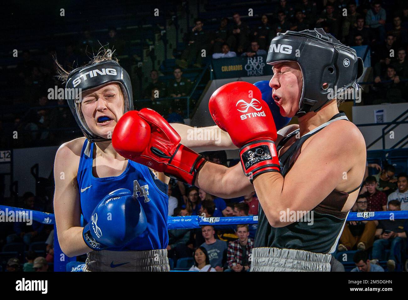 ÉTATS-UNIS AIR FORCE ACADEMY, COLORADO -- le Brooke Martin de la Force aérienne, à gauche, et Sam Thompson font des coups simultanés pendant les 139 lb. Bout de femmes aux Championnats ouverts de la 65th Escadre qui se sont tenus à l'arène Cune à Colorado Springs, Colorado, 4 mars 2022. Maddie Lloyd est devenue la première boxeuse de l'histoire de l'Armée de l'Air à remporter quatre titres de l'aile droite ouverte. Banque D'Images