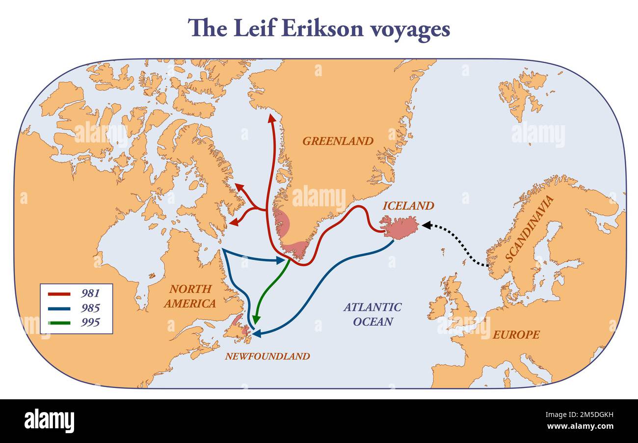 Carte avec les voyages de Leif Erikson Banque D'Images
