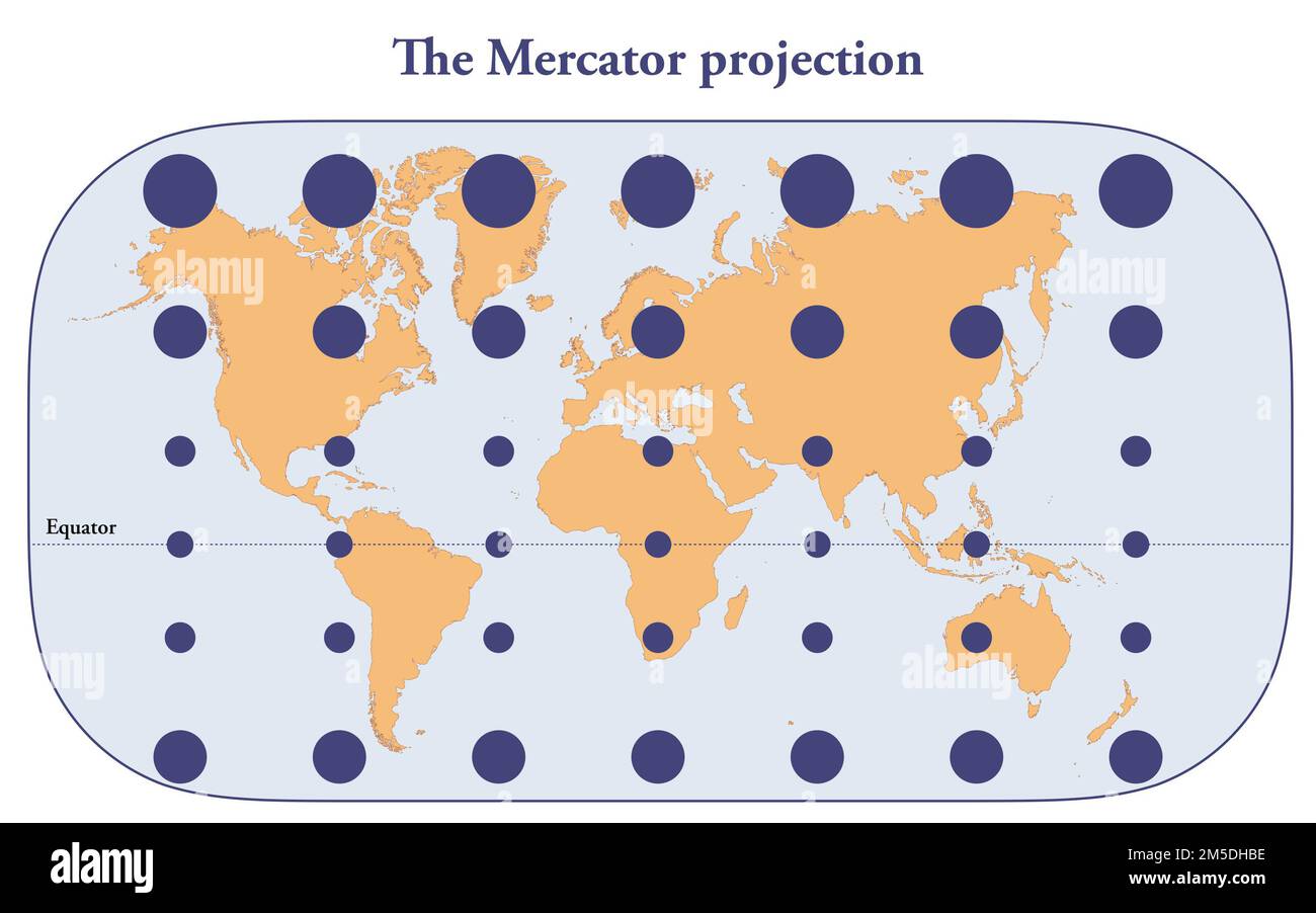 La projection Mercator de la terre et la déformation des tailles loin de l'équateur Banque D'Images