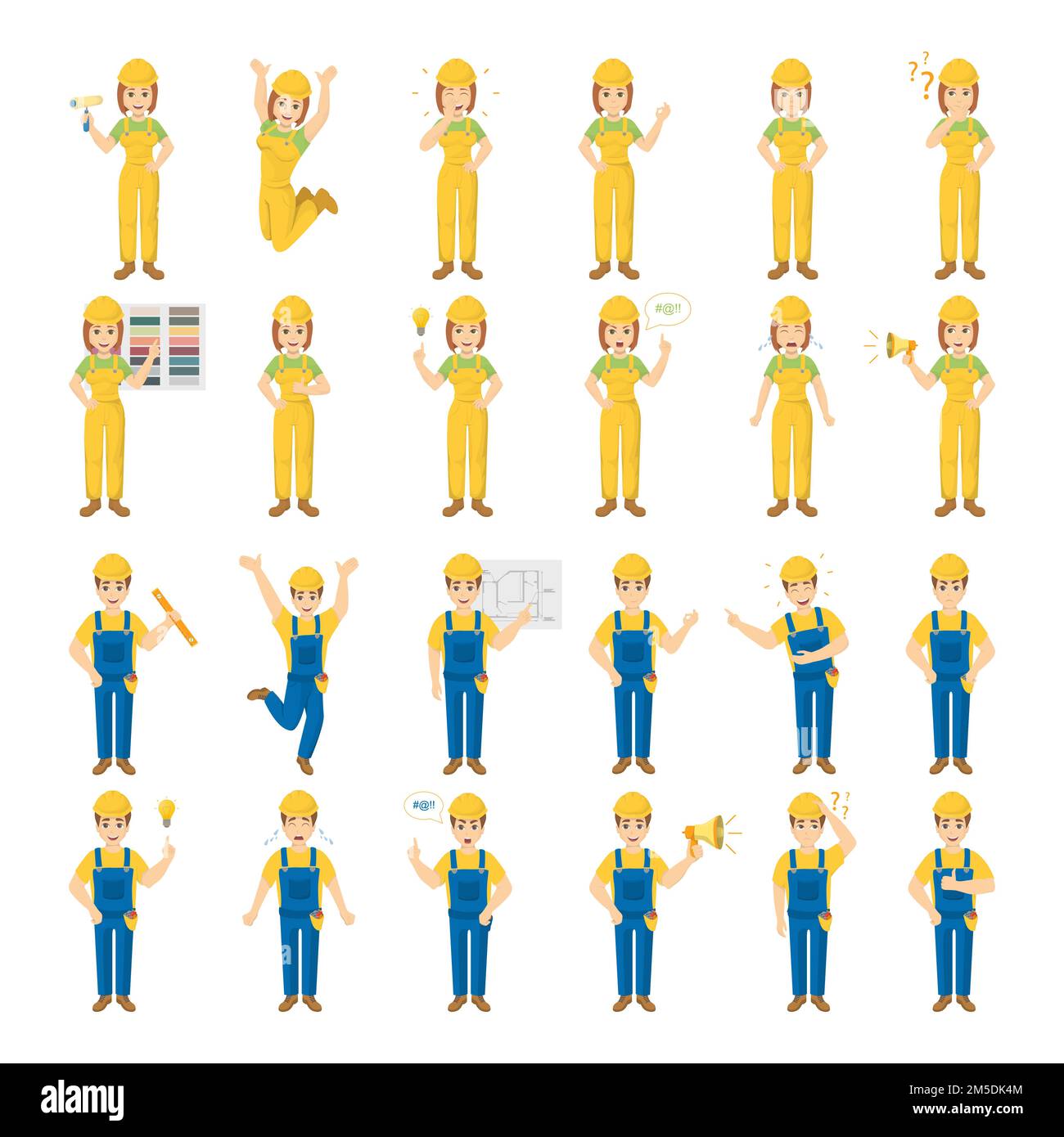 Worker emoji sur fond blanc. Souriant, triste, en colère et plus encore. Tenue jaune et bleue. Illustration de Vecteur