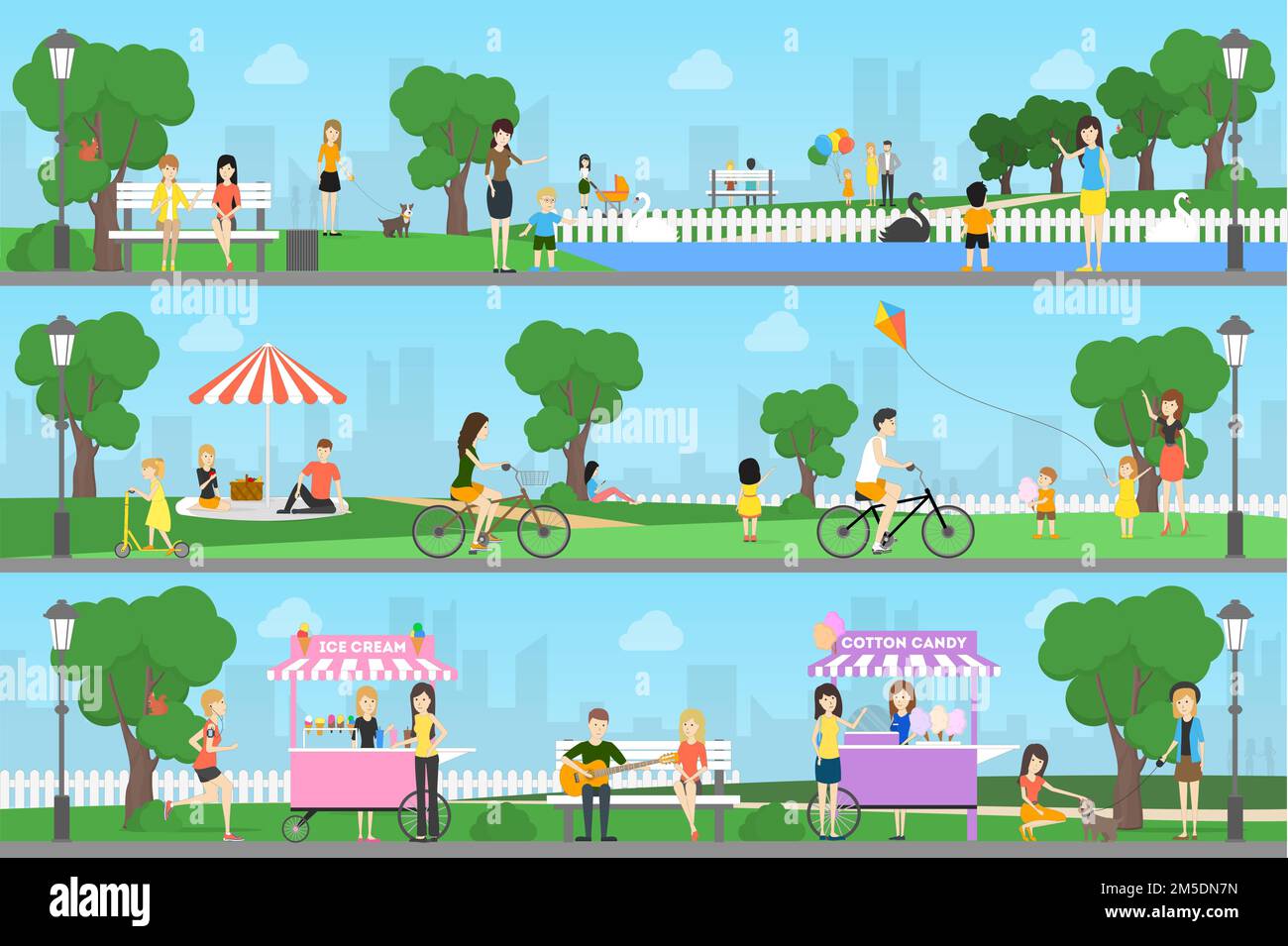 Les gens au parc. Ensemble d'illustrations de personnes se détendre et s'amuser. Illustration de Vecteur