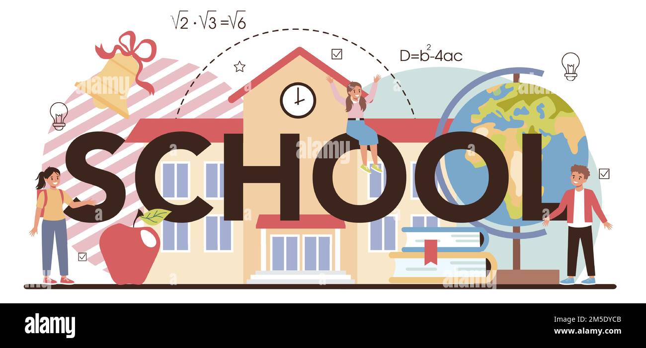 En-tête typographique de l'école. Professeur donnant une leçon dans une salle de classe. Travailleurs d'école ou d'université. Idée d'éducation et de connaissance. Vecteur plat isolé Illustration de Vecteur