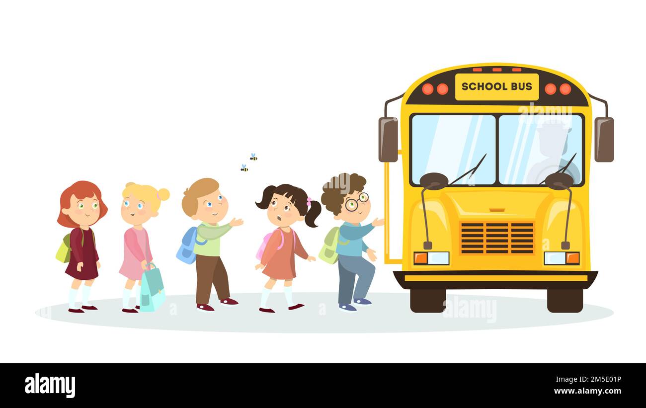 Autobus scolaire et enfants. Personnage de dessin animé isolé sur fond blanc. Illustration de Vecteur