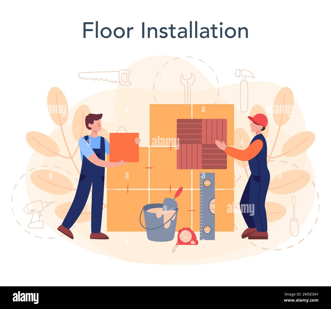 Installateur de revêtement de sol. Parquet professionnel, parquet ou carrelage. Concept de réparation et de rénovation. Illustration vectorielle plate isolée Illustration de Vecteur