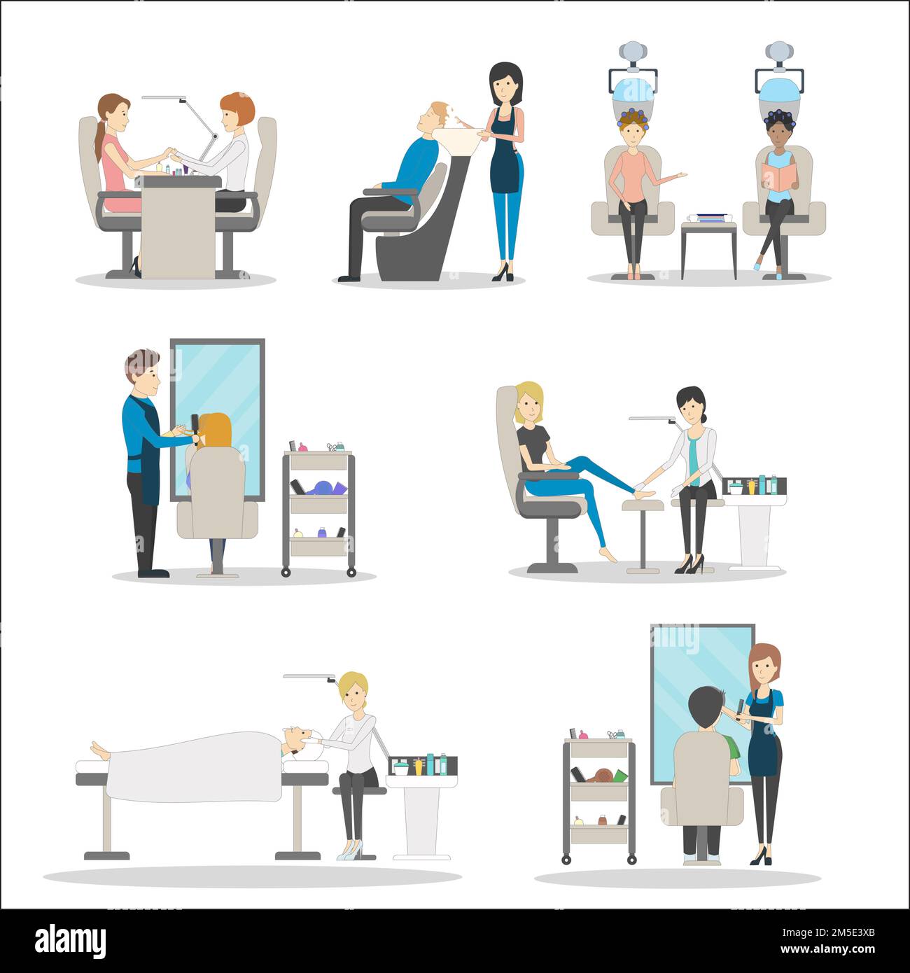 Salon de beauté sur fond blanc. Coiffeur, manucure, spa et bien plus encore. Style de mode. Illustration de Vecteur