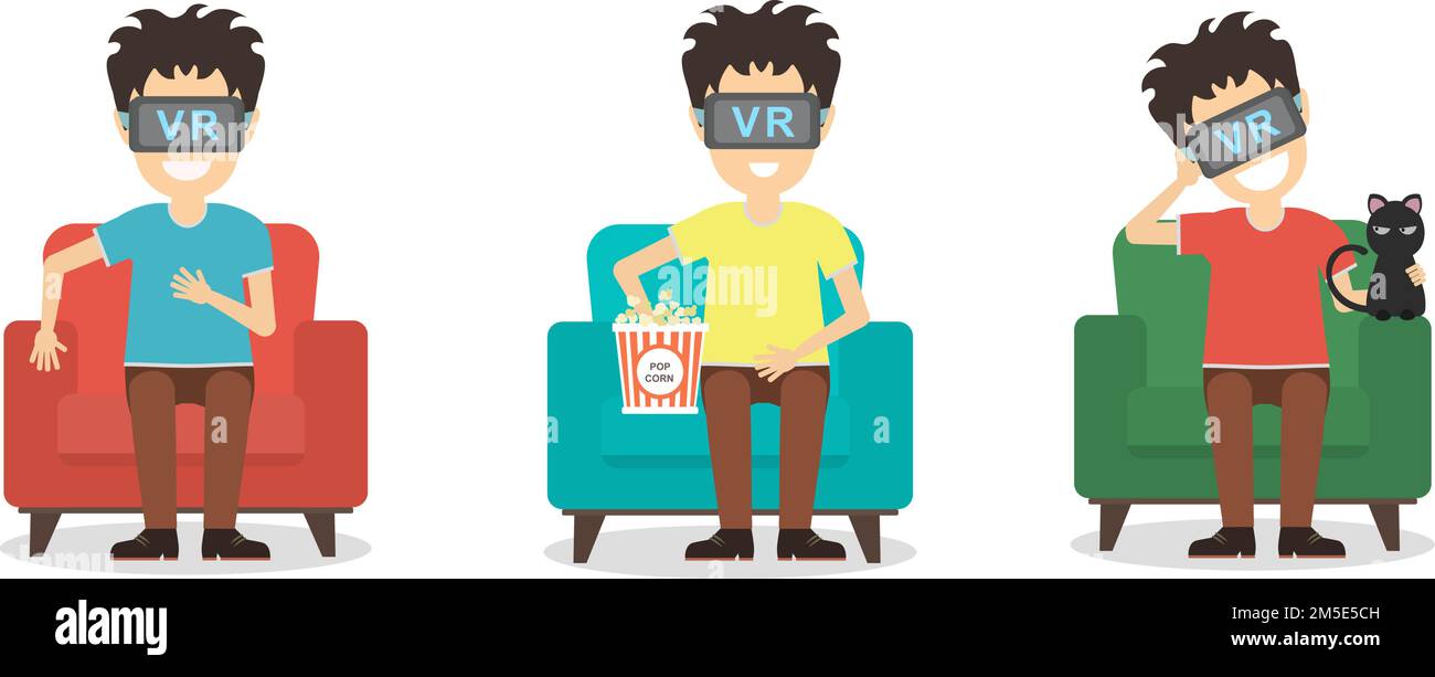 Kit VR man isolé. Un jeune homme souriant utilisant des lunettes vr est assis sur un fauteuil sur fond blanc. Réalité augmentée, nouvelles technologies. Film 3D. Illustration de Vecteur