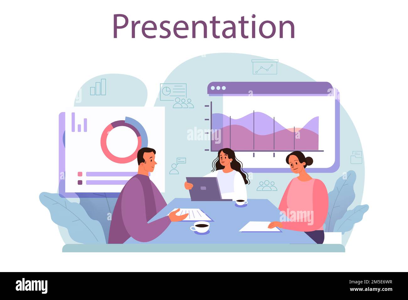 Concept de présentation commerciale. Les hommes d'affaires devant le groupe de collègues. Présentation d'un plan d'affaires ou d'un rapport sur un séminaire. Pointant vers le graphique. Illustration de Vecteur