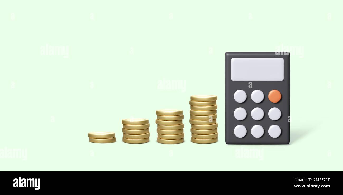 La pièce d'or empile la prochaine calculatrice de croissance dans 3D style réaliste. Planification budgétaire et gestion financière. Illustration vectorielle Illustration de Vecteur