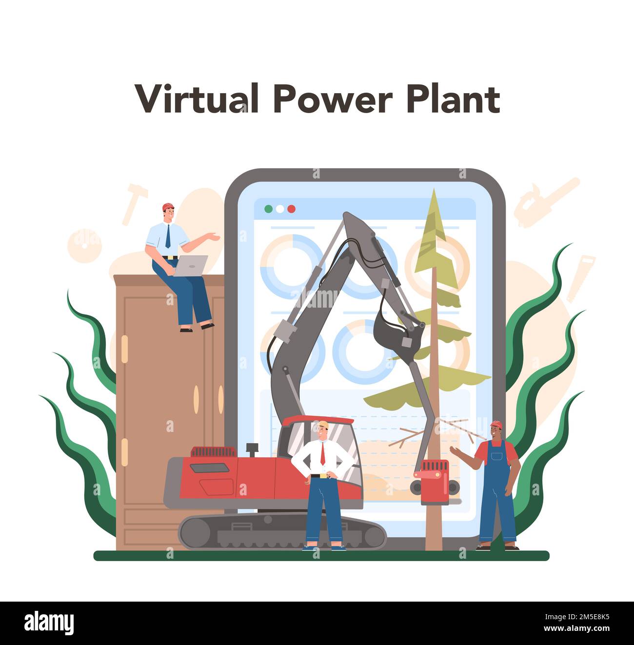 L'industrie du bois et la production de bois en ligne service ou plate-forme. Processus de bûcheron et de travail du bois. Production forestière. Centrale électrique virtuelle. Vecteur plat Illustration de Vecteur