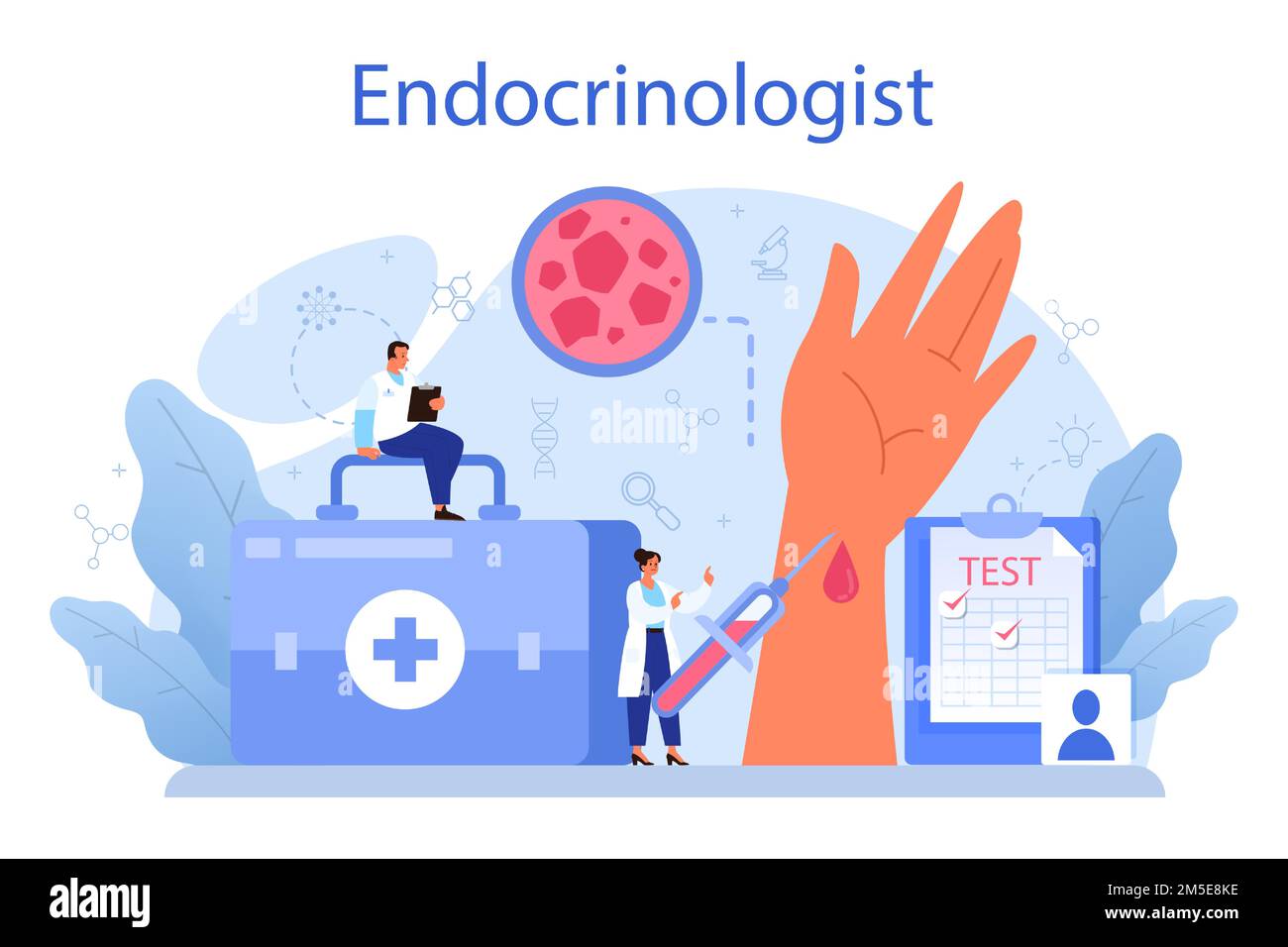 Concept endocrinologue. Examen de la thyroïde. Médecin examiner l'hormone et le glucose. Idée de santé et de traitement médical. Illustrat vectoriel plat isolé Illustration de Vecteur