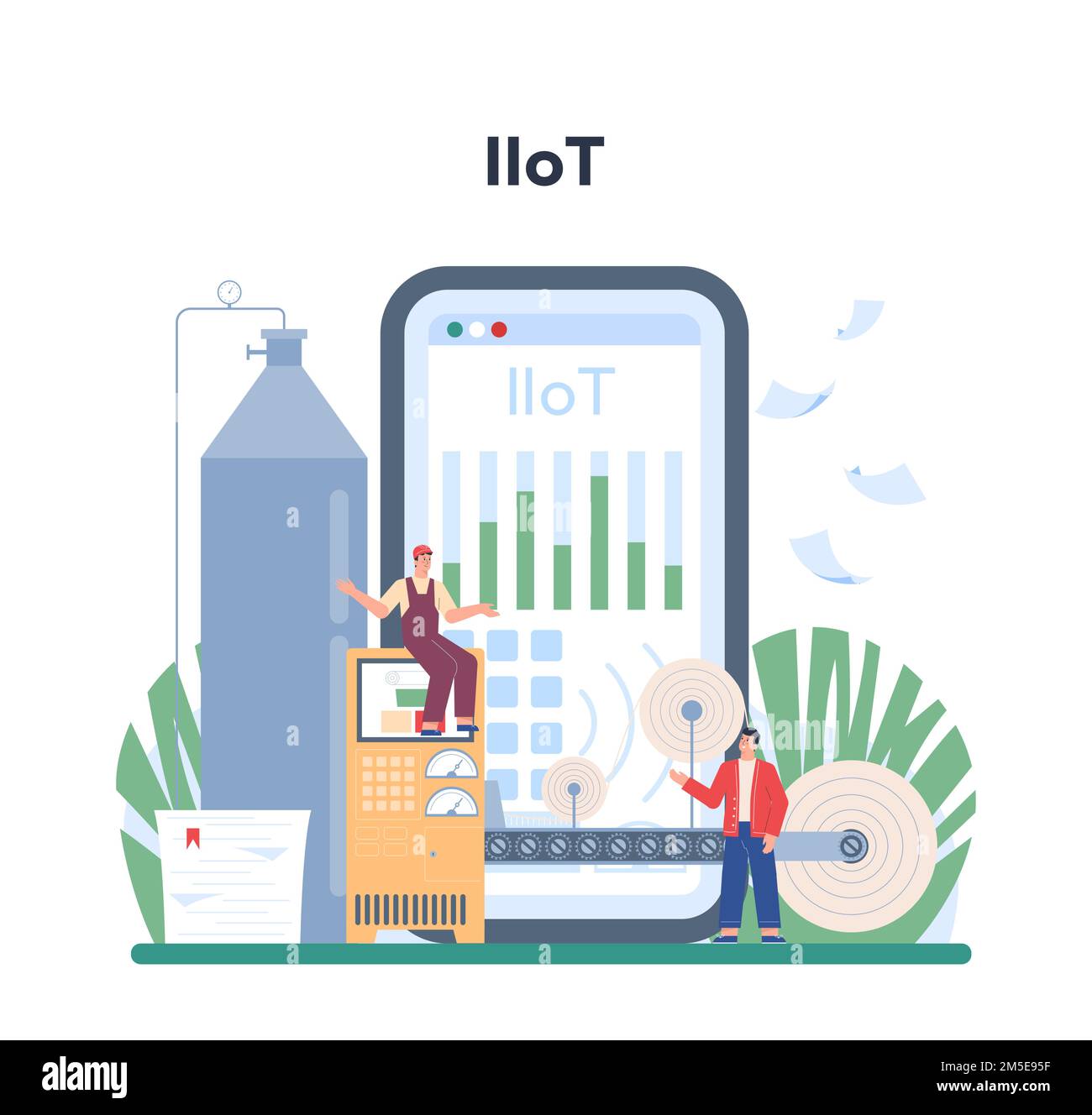 Service ou plate-forme en ligne pour la production de papier et le traitement du bois. Couper le bois et faire du papier et du carton. IIoT en ligne. Vecteur plat isolé illust Illustration de Vecteur