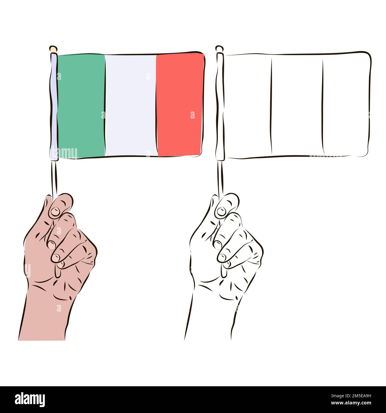 Le drapeau de l'Italie est dans la main d'un homme en couleur et en noir et blanc. Le concept du patriotisme italien. Illustration de Vecteur