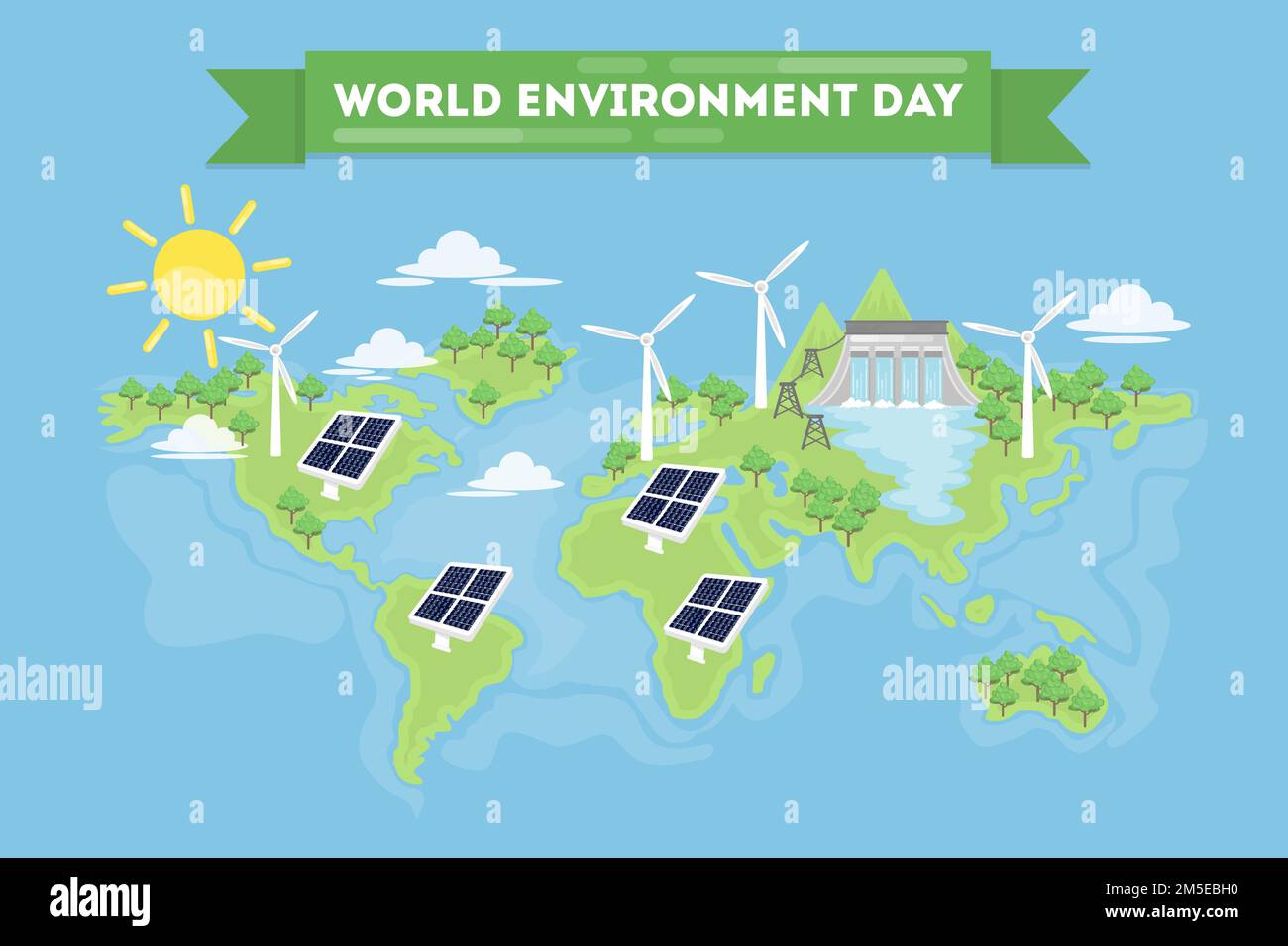 Illustration du concept de la Journée mondiale de l'environnement. Planète Terre avec les énergies renouvelables. Illustration de Vecteur