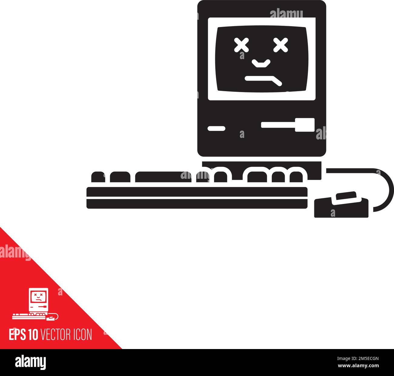 Ordinateur personnel vintage ne fonctionne pas, visage mort à l'écran, icône de glyphe vectoriel. Symbole de panne du système. Illustration de Vecteur