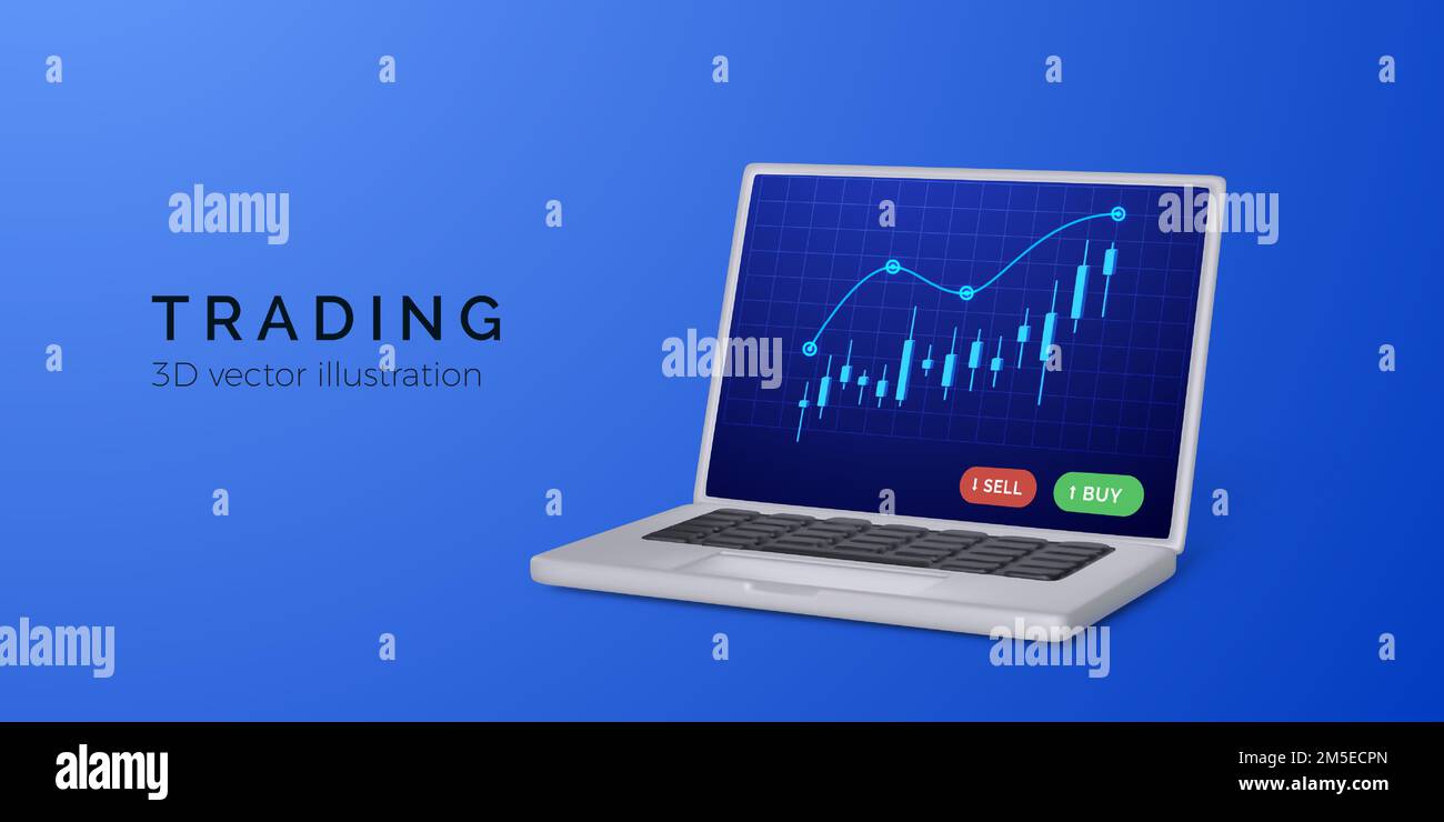 Ordinateur portable Rander 3D avec bannière graphique représentant un bâton de bougie. Commerce de bourse en ligne et investissement d'argent. Tendances des crypto-monnaies et analyse du marché. Illustration de Vecteur