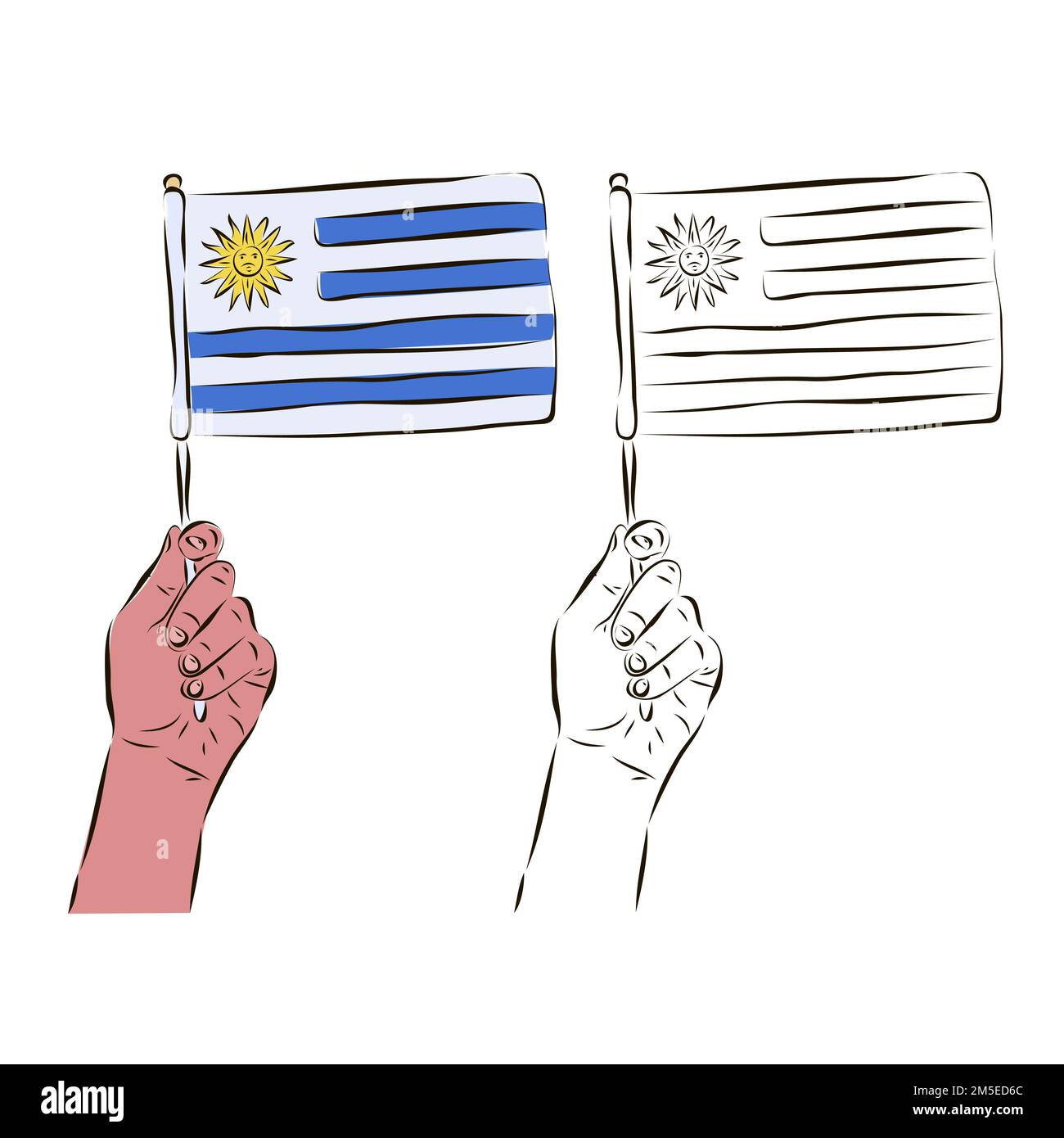 Le drapeau de l'Uruguay dans la main d'un homme en couleur et noir et blanc. Le concept de patriotisme. Illustration de Vecteur