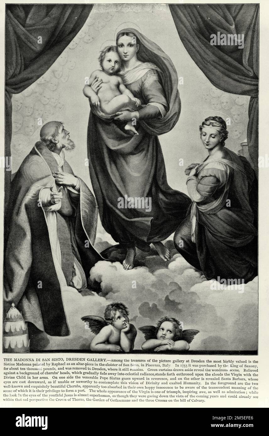 La Madonna Sixtine, également appelée Madonna di San Sisto, est une peinture à l'huile de l'artiste italien Raphaël, commandée en 1512 par le Pape Julius II Banque D'Images