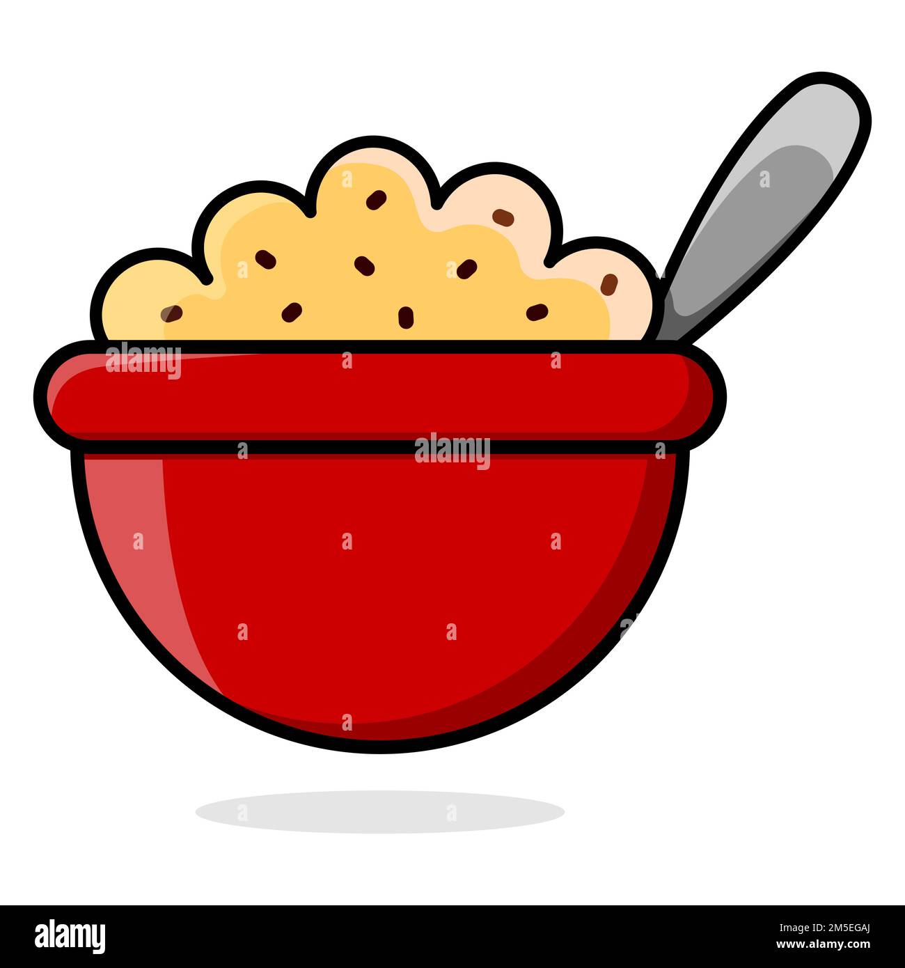 Assiette rouge à dessin animé avec flocons d'avoine. Porridge avec raisins secs. Illustration vectorielle isolée sur fond blanc. Illustration de Vecteur