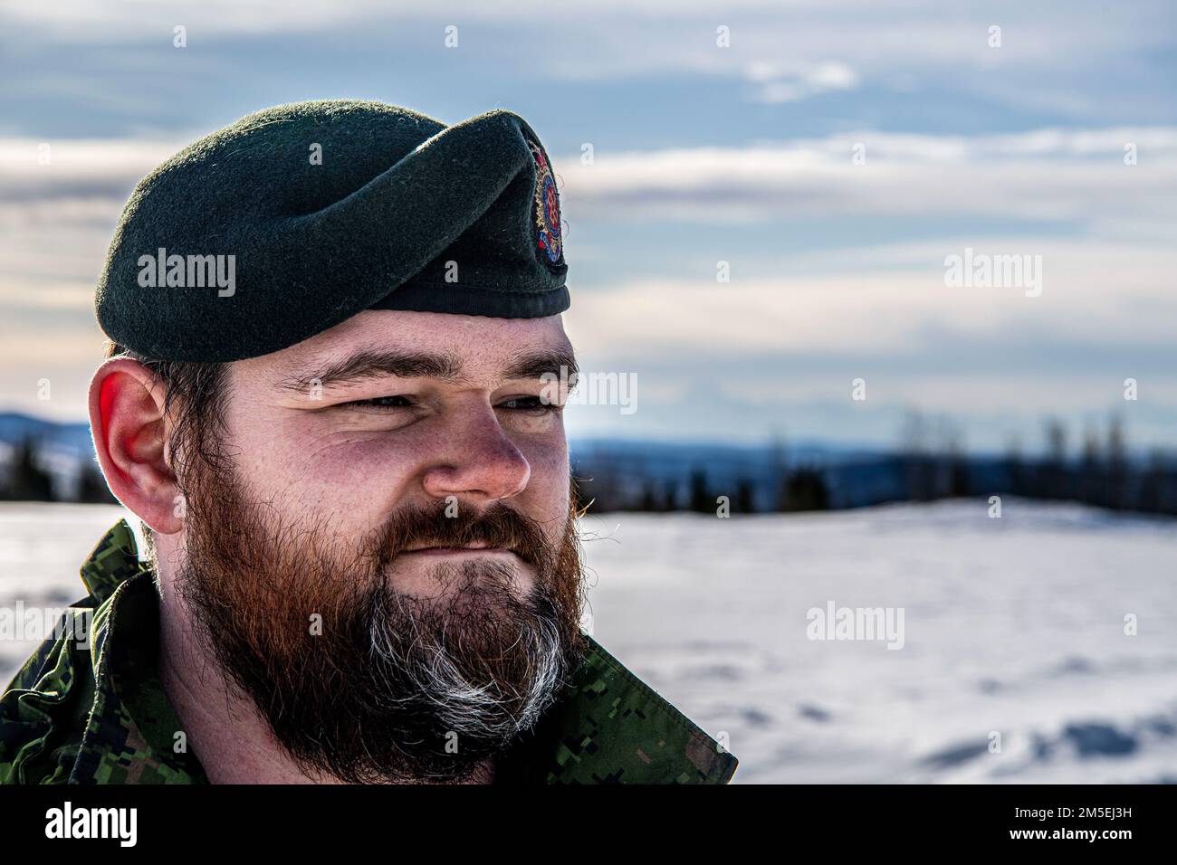 Le caporal de l'Armée canadienne Tyler Bragg, technicien en gestion du matériel affecté au 4th Artillery Regiment, 127th batterie, montre qu'un radar de moyenne portée (MRR) est mis en scène pendant l'exercice ARCTIC EDGE 2022 à la base aérienne d'Eielson, Alaska, le 8 mars 2022. AE22 est le plus grand exercice conjoint en Alaska, avec environ 1 000 militaires américains formant aux côtés des membres des Forces armées canadiennes pour démontrer leurs capacités dans des conditions météorologiques froides austères. Banque D'Images