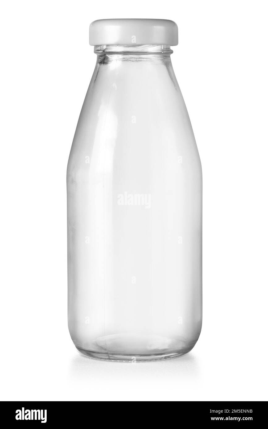 Flacon en verre vide avec couvercle isolé sur fond blanc avec passe-cheveux Banque D'Images