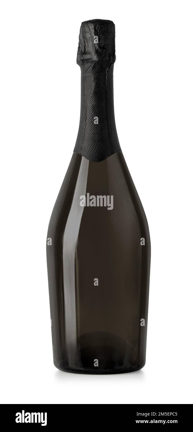 Bouteilles de vin mousseux, bouteille de champagne isolée sur blanc avec passe-cheveux Banque D'Images