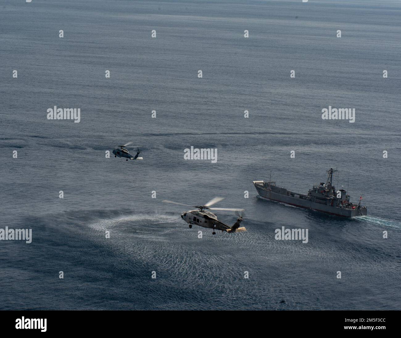BAIE DE TOKYO (10 mars 2022) un faucon MH-60R, attaché aux “Saberhawks” de l’Escadron de frappe maritime (UGH) 77, vole aux côtés d’un SH-60K affecté au “Mighty 59” de l’Escadron de développement aérien (VX) 51 de la Force d’autodéfense maritime du Japon (JMSDF), Et le navire utilitaire JS Yusotei 2-Go (LCU 2002) avant le premier exercice de torpille mené par un américain Escadron de la Marine à côté de la JMSDF. La HSM-77 est rattachée au commandant de la Force opérationnelle 70 et déployée à l'avance dans la zone d'opérations de la flotte américaine 7th à l'appui d'une Indo-Pacific libre et ouverte. Banque D'Images