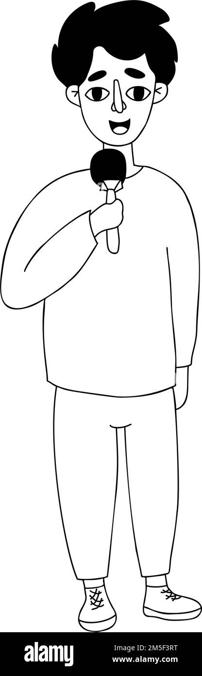 Homme journaliste dirigeant avec microphone. Illustration vectorielle en caniche linéaire. Caractère conceptuel masculin, profession moderne et journalisme, travail et re Illustration de Vecteur