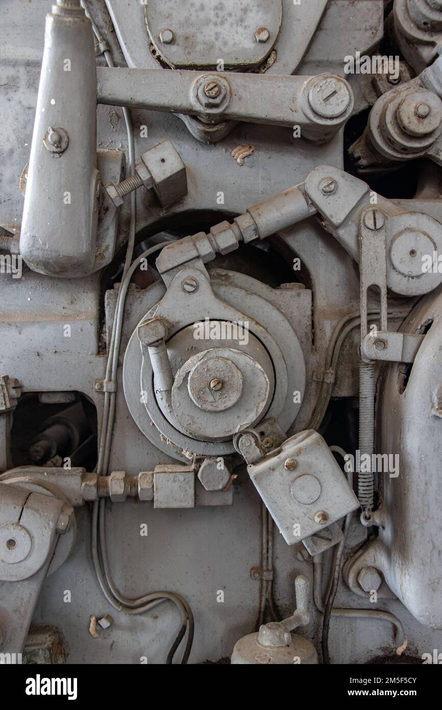 Pièces mobiles d'une ancienne machine à imprimer, vue rapprochée Banque D'Images