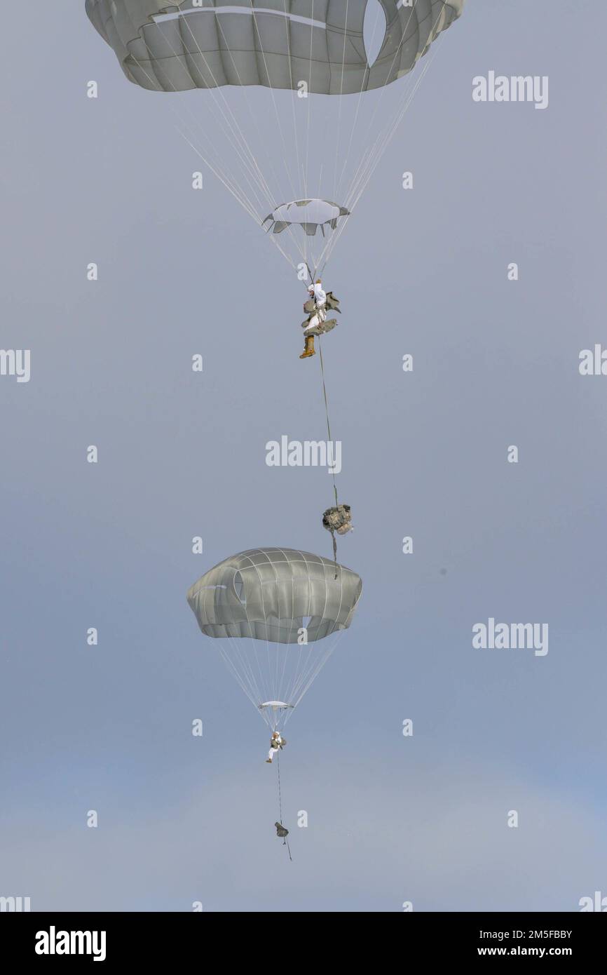 Parachutistes du 1st Bataillon, 501st Parachute Infantry Regiment, 4th Brigade, 25th Division d'infanterie affecté à l'Armée des États-Unis Alaska, parachutistes dans la zone d'entraînement de Donnelly dans le cadre d'un exercice d'opération d'entrée forcée interarmées près de fort Greely, AK 11 mars, 2022 qui fait partie du Centre de préparation multinational conjoint du Pacifique 22-02. Le JPMRC 22-02, exécuté en Alaska avec ses installations d'entraînement de classe mondiale et son environnement arctique rigoureux, fait des soldats et des leaders une équipe de guerriers qualifiés, durs, alertes et adaptatifs capables de combattre et de gagner n'importe où. (Sergent d'état-major Christo Banque D'Images